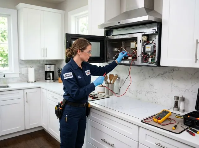 Appliance Repair Hero technician testing an over-the-range microwave in a Bay City, MI kitchen